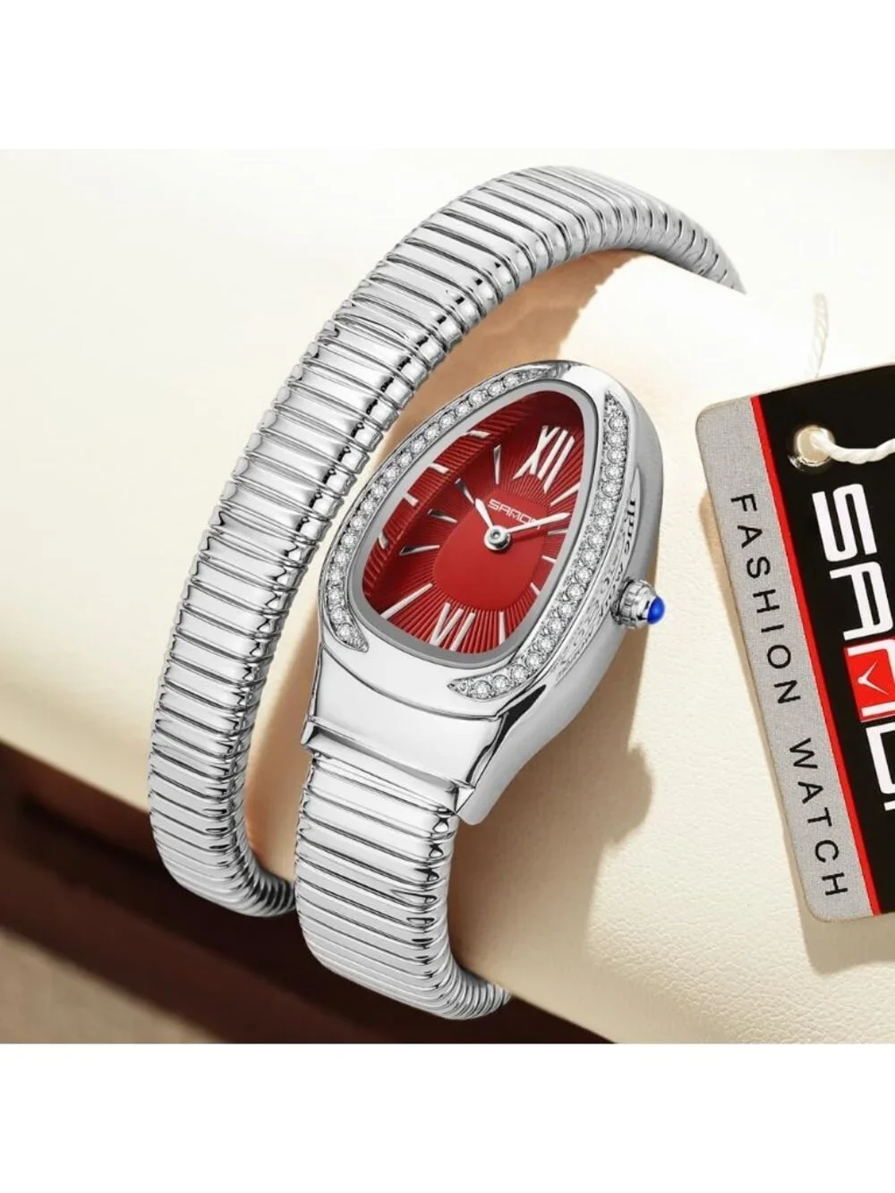 Women's Silver Red Elegant Wrap Around Bangle Fashion Snake Cuff Wrist Watches